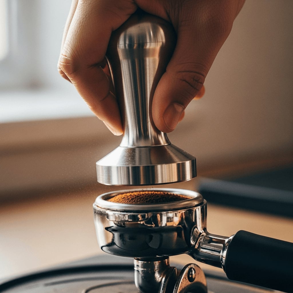 Nahaufnahme einer Hand, die Kaffeepulver mit einem Edelstahl-Tamper in einem Siebträger tampt und gleichmäßigen Druck ausübt