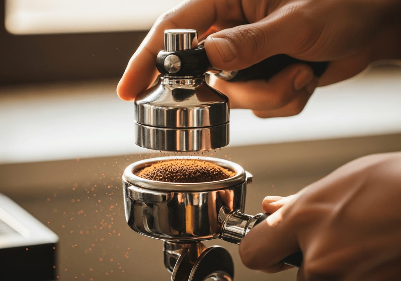 Barista-Hände verwenden ein Kaffeeverteilungswerkzeug, um gemahlenen Kaffee gleichmäßig in einem Siebträger zu verteilen