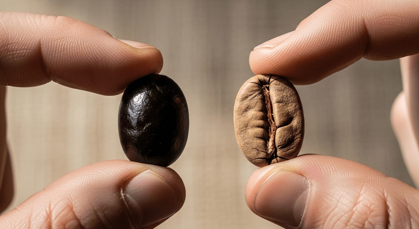 Detailansicht einer dunklen Espressobohne und einer hellen Filterbohne zum Vergleich der Röstung für Filterkaffeemaschinen
