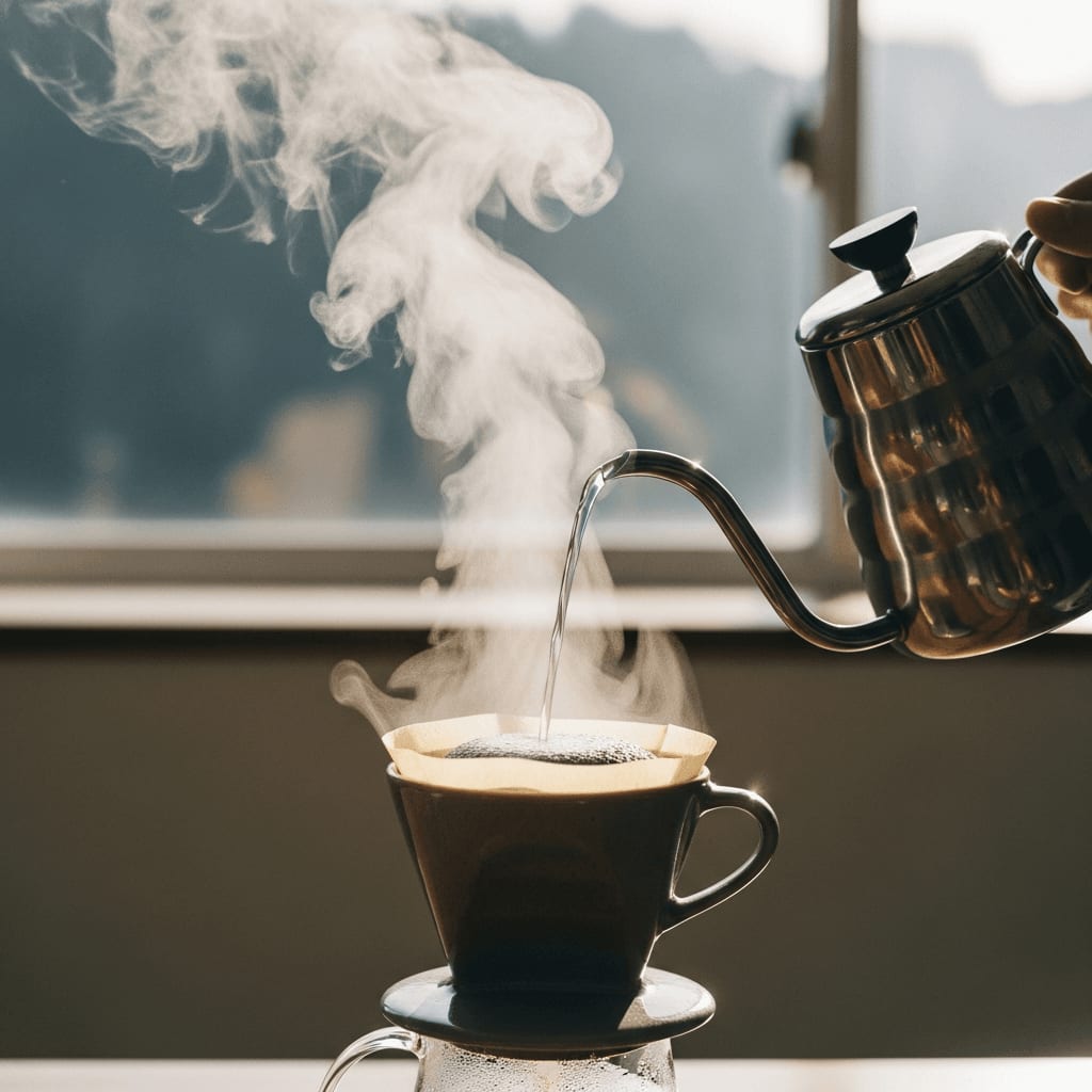 Kontrolle der Wassertemperatur beim Aufgießen mit einem Schwanenhalskessel für die Filterkaffee-Extraktion