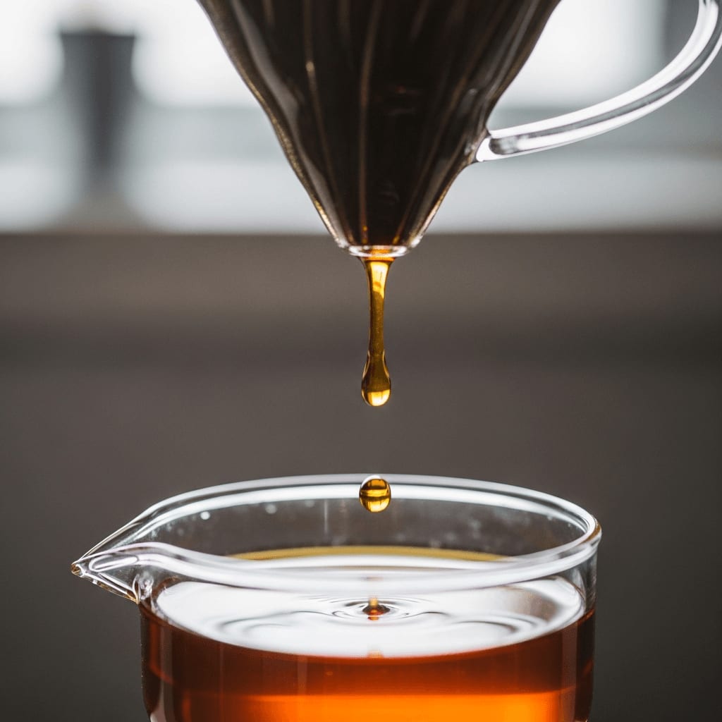 Langsame Extraktion des gebrühten Kaffees in eine Glaskaraffe beim Test von Espressobohnen für Filterkaffee