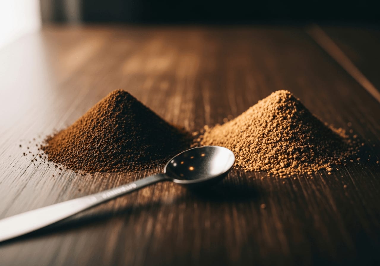 Zwei Häufchen Kaffeepulver auf einem Holztisch zeigen den Unterschied im Mahlgrad zwischen Espresso und Filterkaffee Röstung