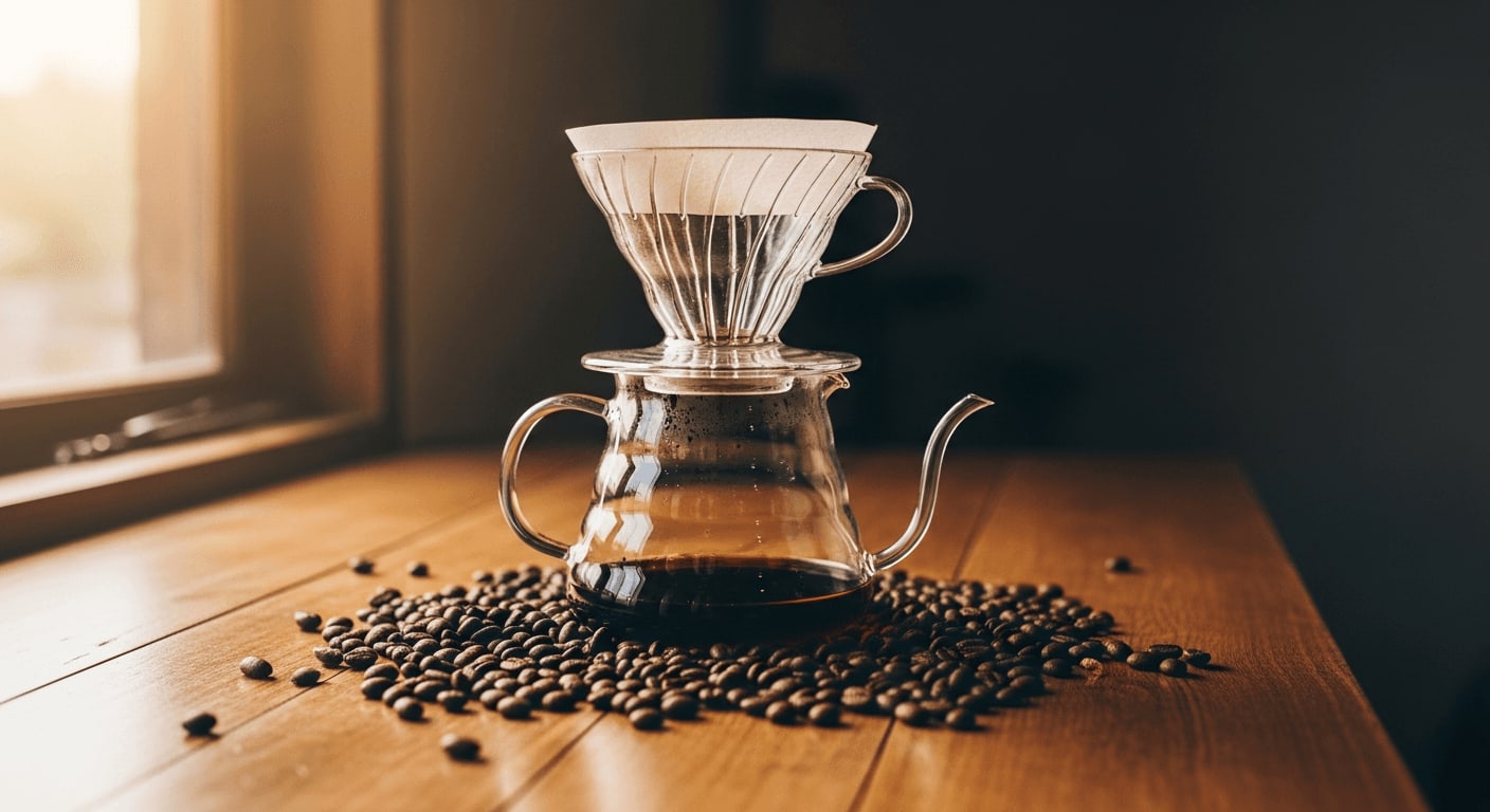 Espresso vs. Filterkaffee Röstung: Glas-Handfilter auf einer Holztheke, umgeben von dunkel gerösteten Espressobohnen