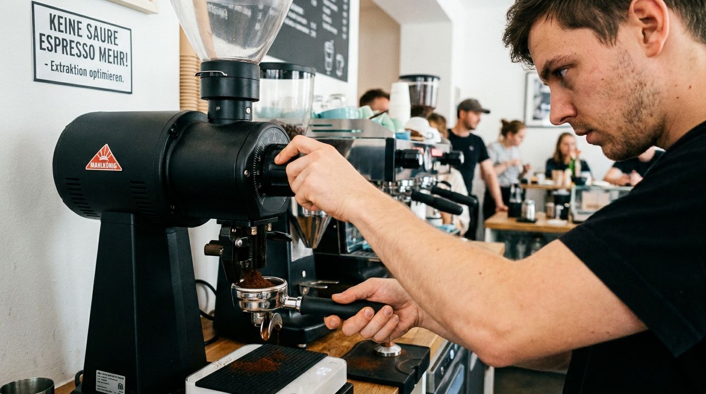 Barista justiert den Mahlgrad an einer Espressomühle, um zu sauren Espresso zu korrigieren und die Extraktion zu optimieren. | Foto: Kevin Butz