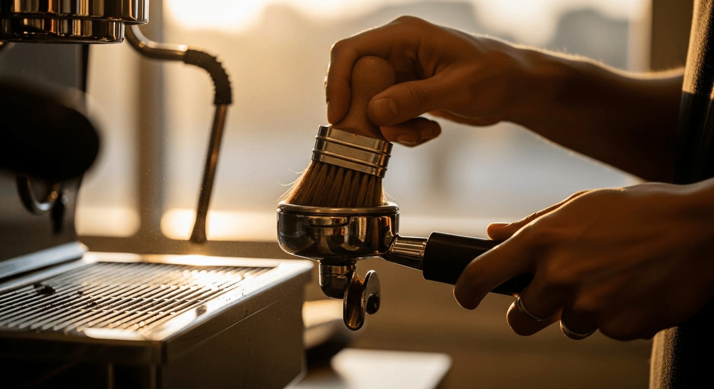 Close-up of a professional barista cleaning the portafilter of an espresso machine with a brush, soft focus, golden hour lighting