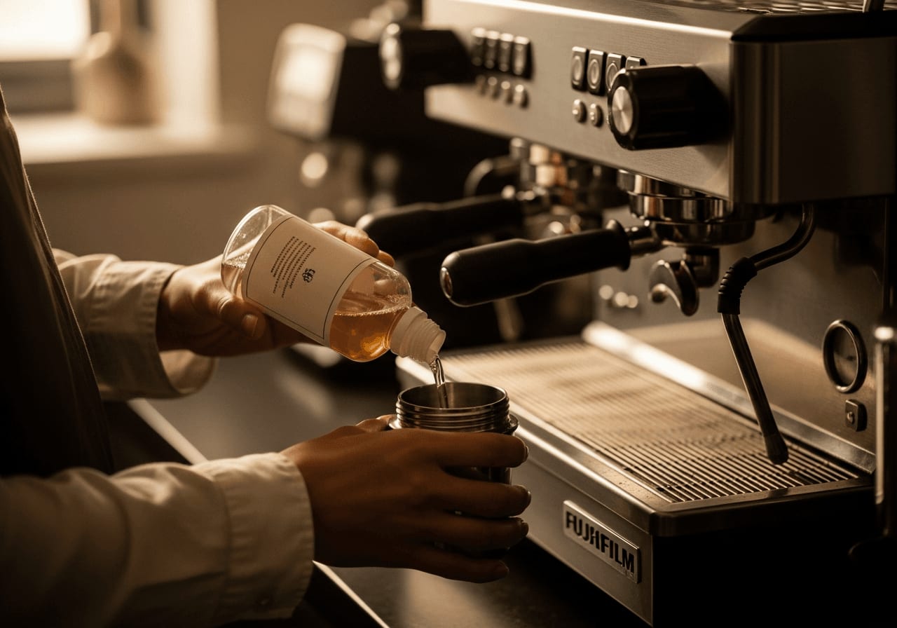 Close-up of a person descaling an espresso machine, pouring descaling solution into the water tank, soft focus, natural light