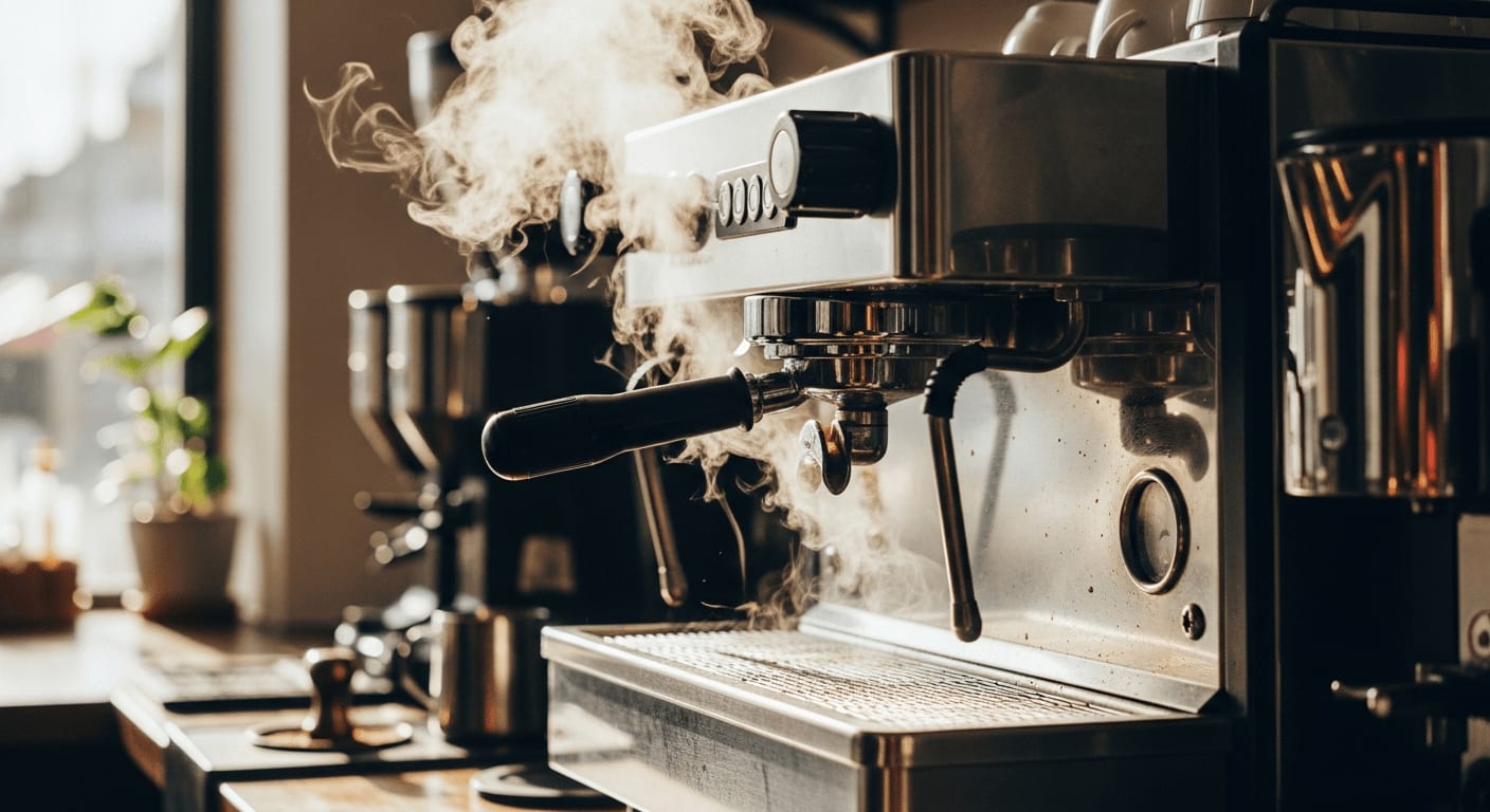 Dampf steigt von einer sauberen Espressomaschine auf