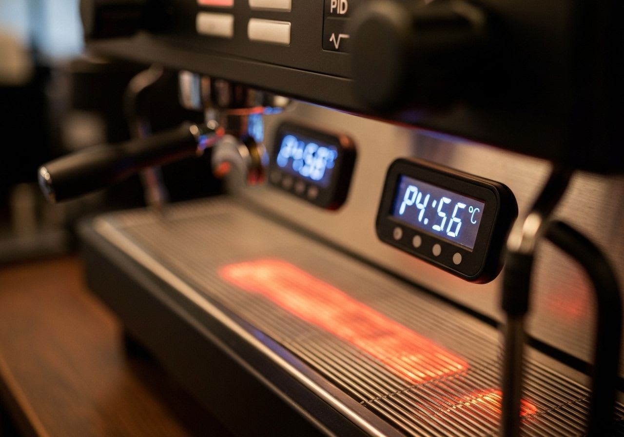 Nahaufnahme der PID-Anzeige einer Espressomaschine, die die stabile Brühtemperatur nach dem Aufheizen der Brühgruppe zeigt.