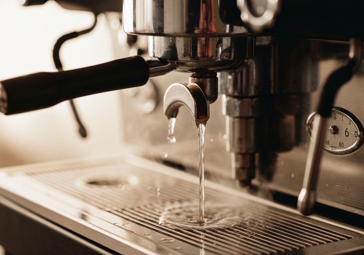 Detailaufnahme einer Espressomaschine beim entscheidenden Flush der Brühgruppe, heißes Wasser strömt mit Dampf heraus zur Temperaturstabilisierung.