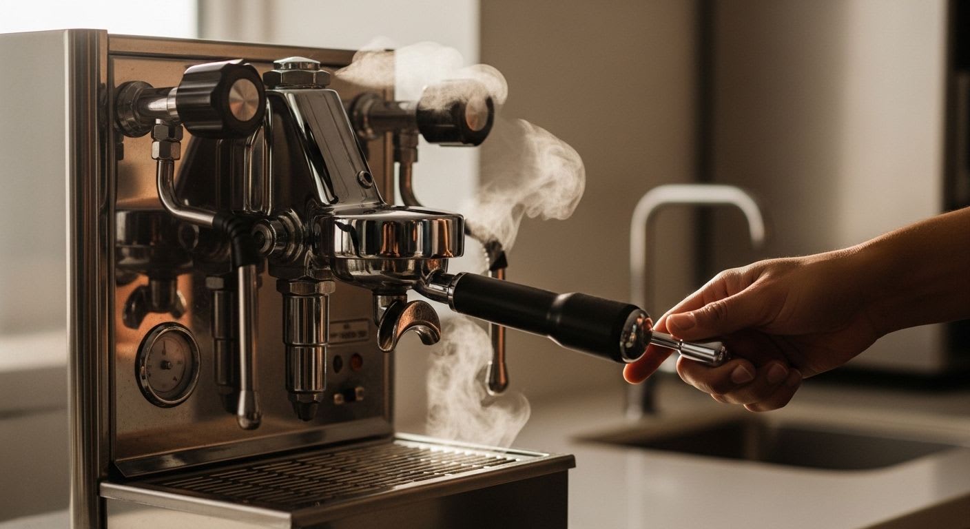 Eine hochwertige Espressomaschine beim Aufheizen, bereit für den entscheidenden Flush, um optimalen Espresso zu gewährleisten.