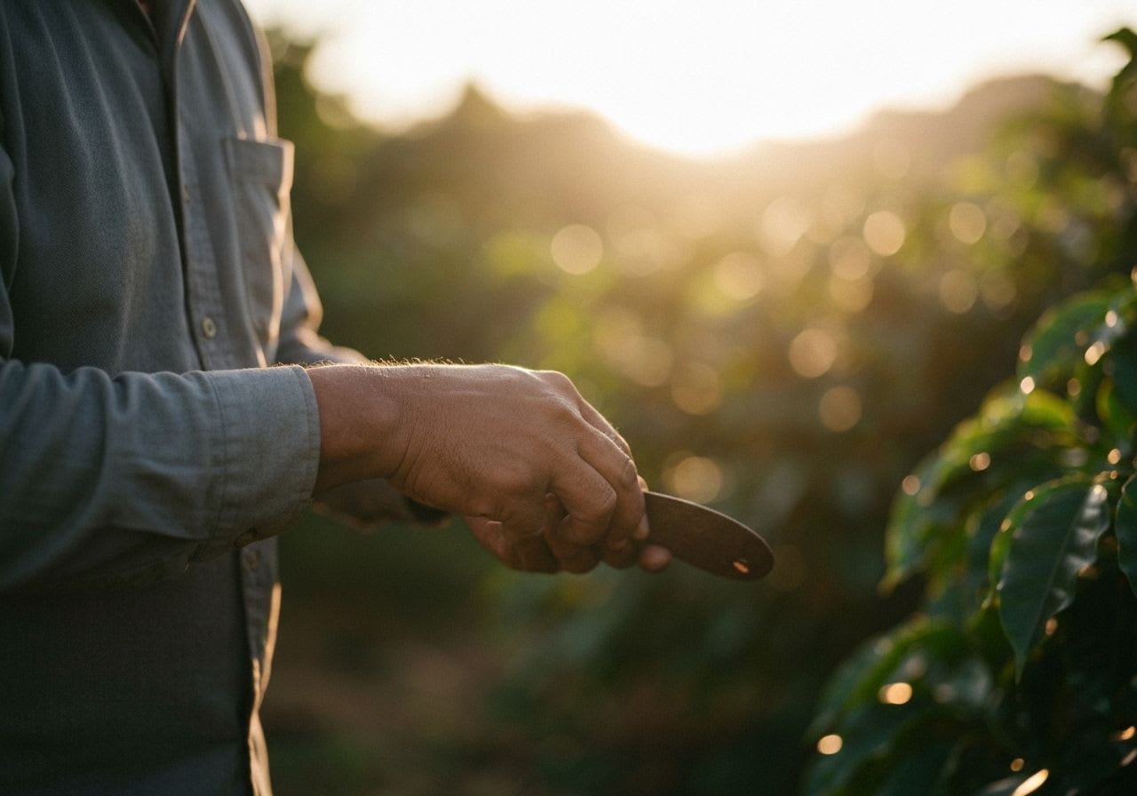 Hand eines Kaffeebauern wendet Kaffeebohnen auf Trockenbett, umgeben von Maracuja, als Teil der exotischen Fermentation.
