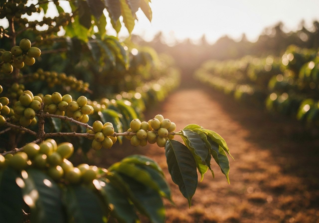 Lebendige grüne Kaffeebohnen trocknen auf Hochbeeten, umgeben von frischen Maracujas, für exotische Fermentationen.