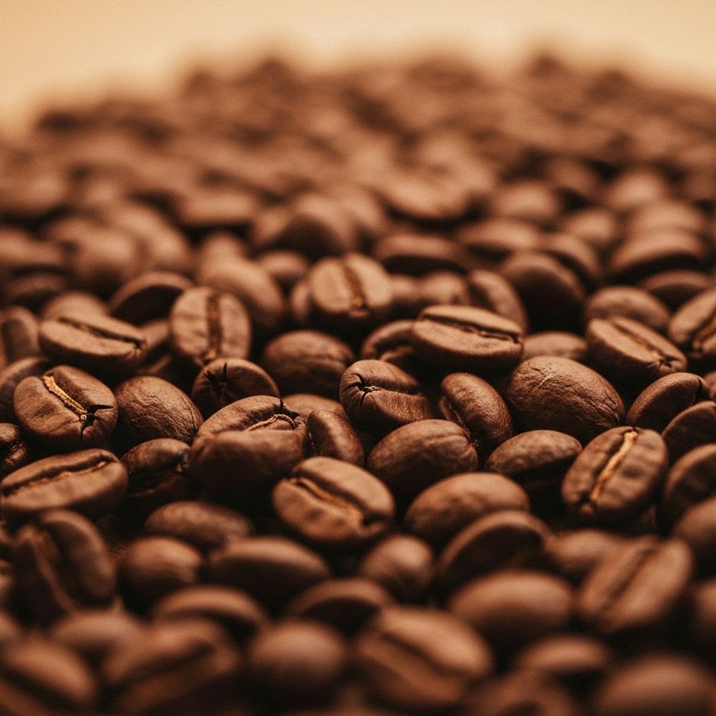 Makroaufnahme von getrockneten exotisch fermentierten Kaffeebohnen, die einzigartige Texturen und Farben im Studiolicht zeigen.