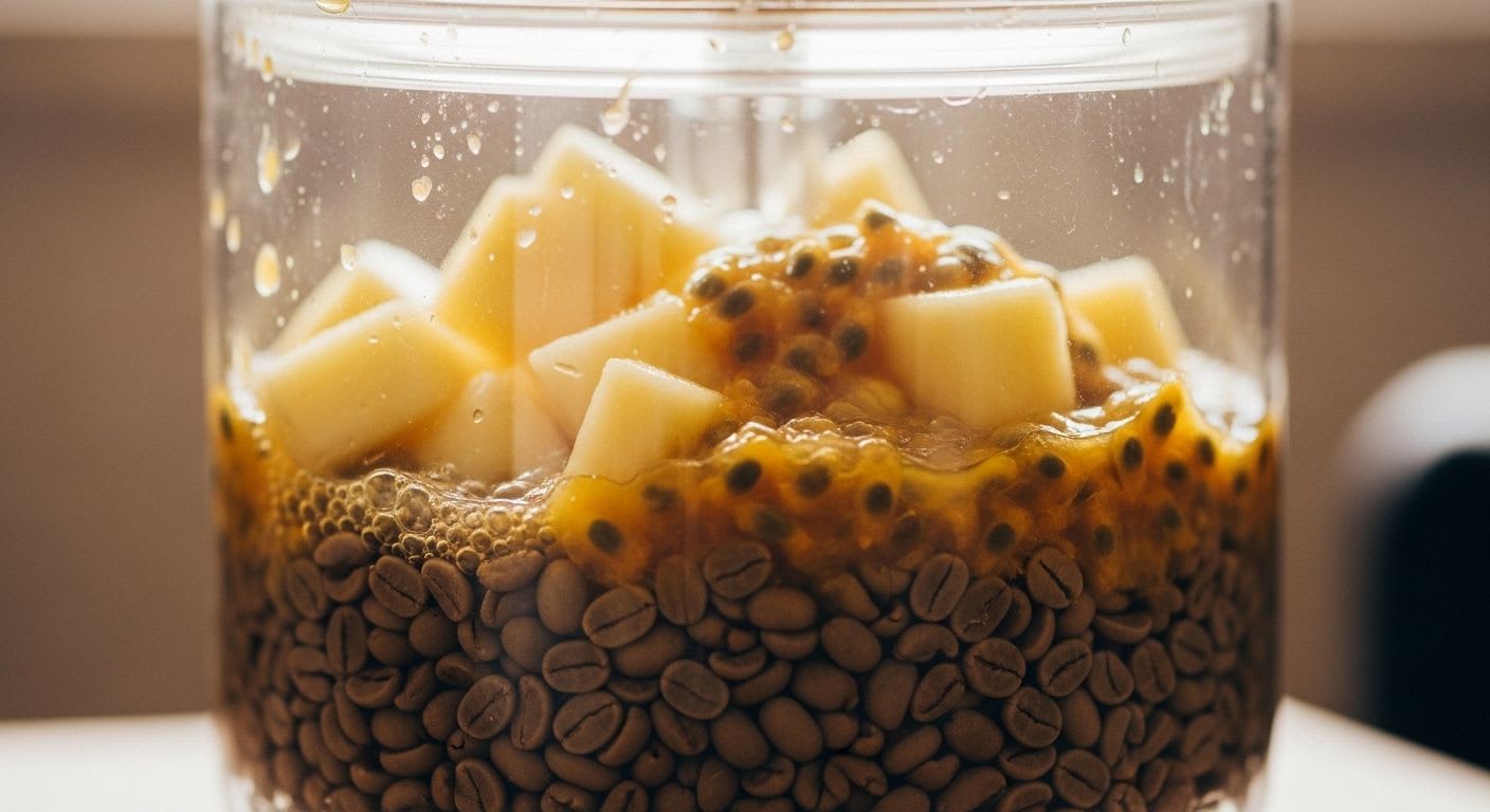 Grüne Kaffeebohnen co-fermentieren mit Ananasstücken und Maracuja-Pulp, ein natürlicher Prozess, der den Kaffeegeschmack revolutioniert.