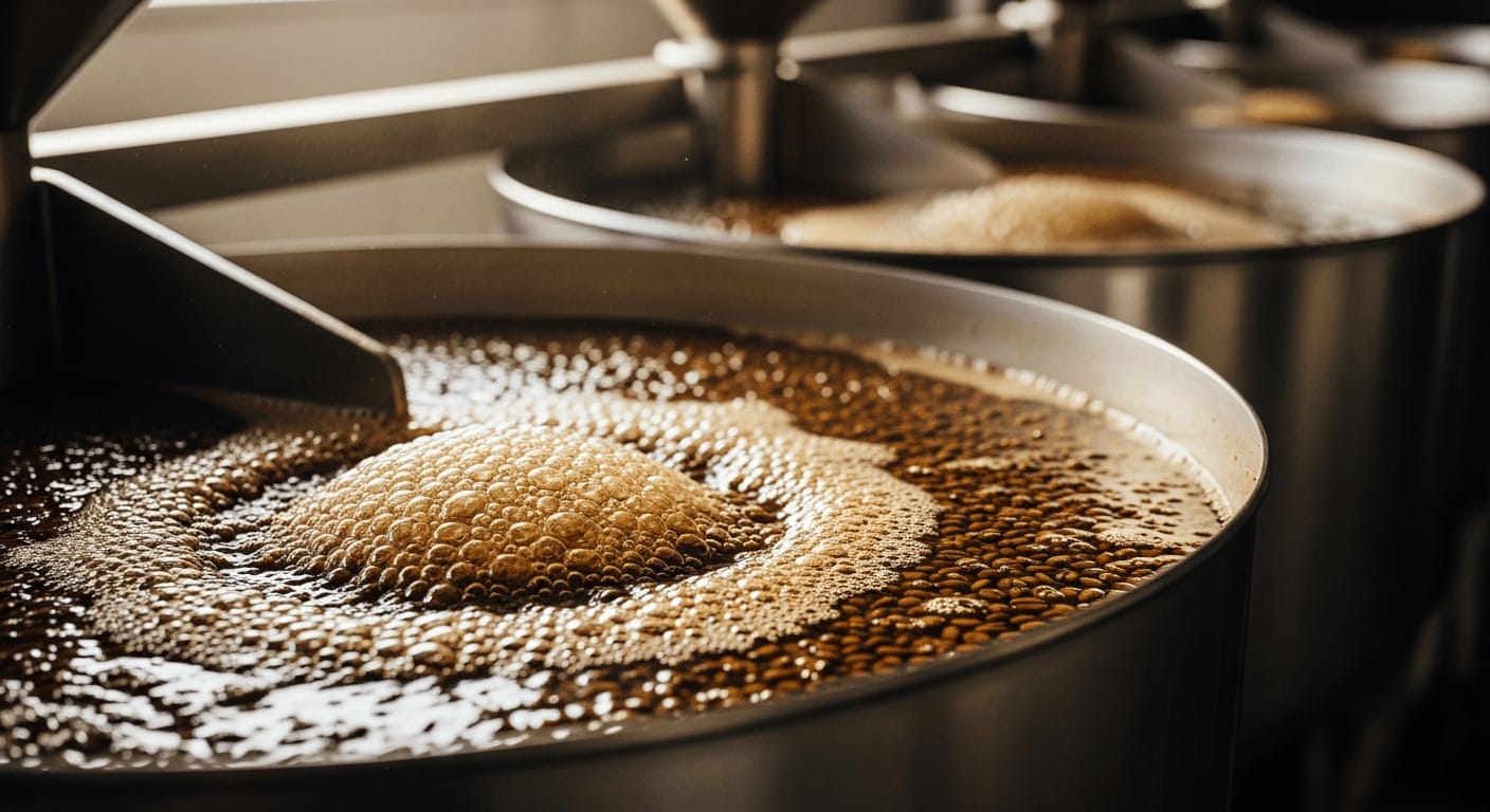 Fermentationstanks gefüllt mit Kaffeebohnen und Wasser, Nahaufnahme, Fermentationsblasen, Edelstahltanks