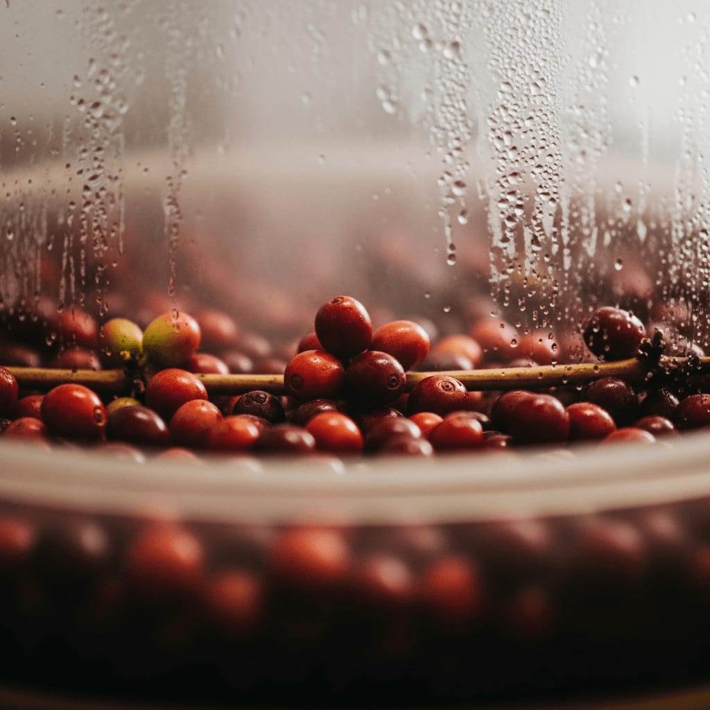 Nahaufnahme von Kaffeekirschen in einem versiegelten Behälter, die einer Carbonic Maceration unterzogen werden, Kondensation an den Behälterwänden