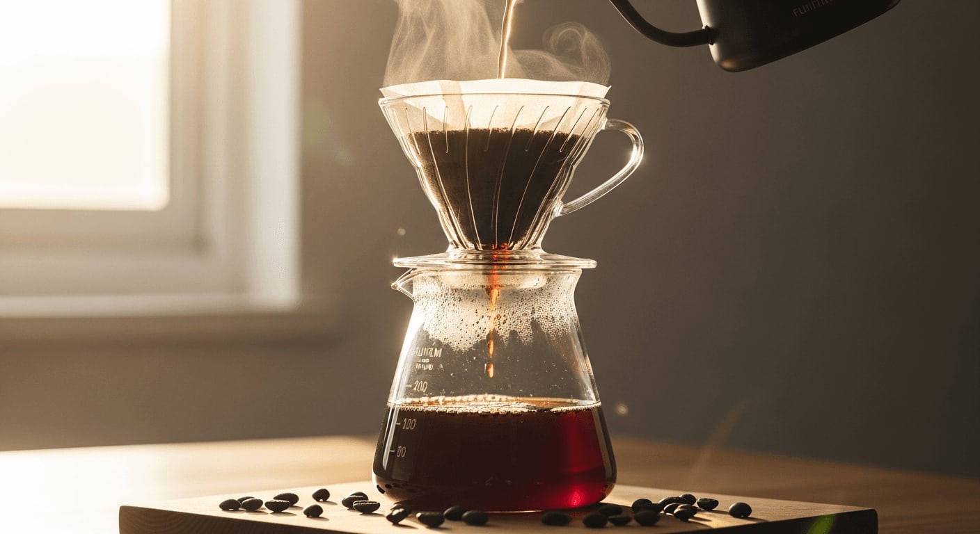 Aromatischer Filterkaffee brüht in einer gläsernen Chemex, die Morgensonne wirft einen warmen Schein, minimalistisches Setup, Kaffeebohnen sind verstreut
