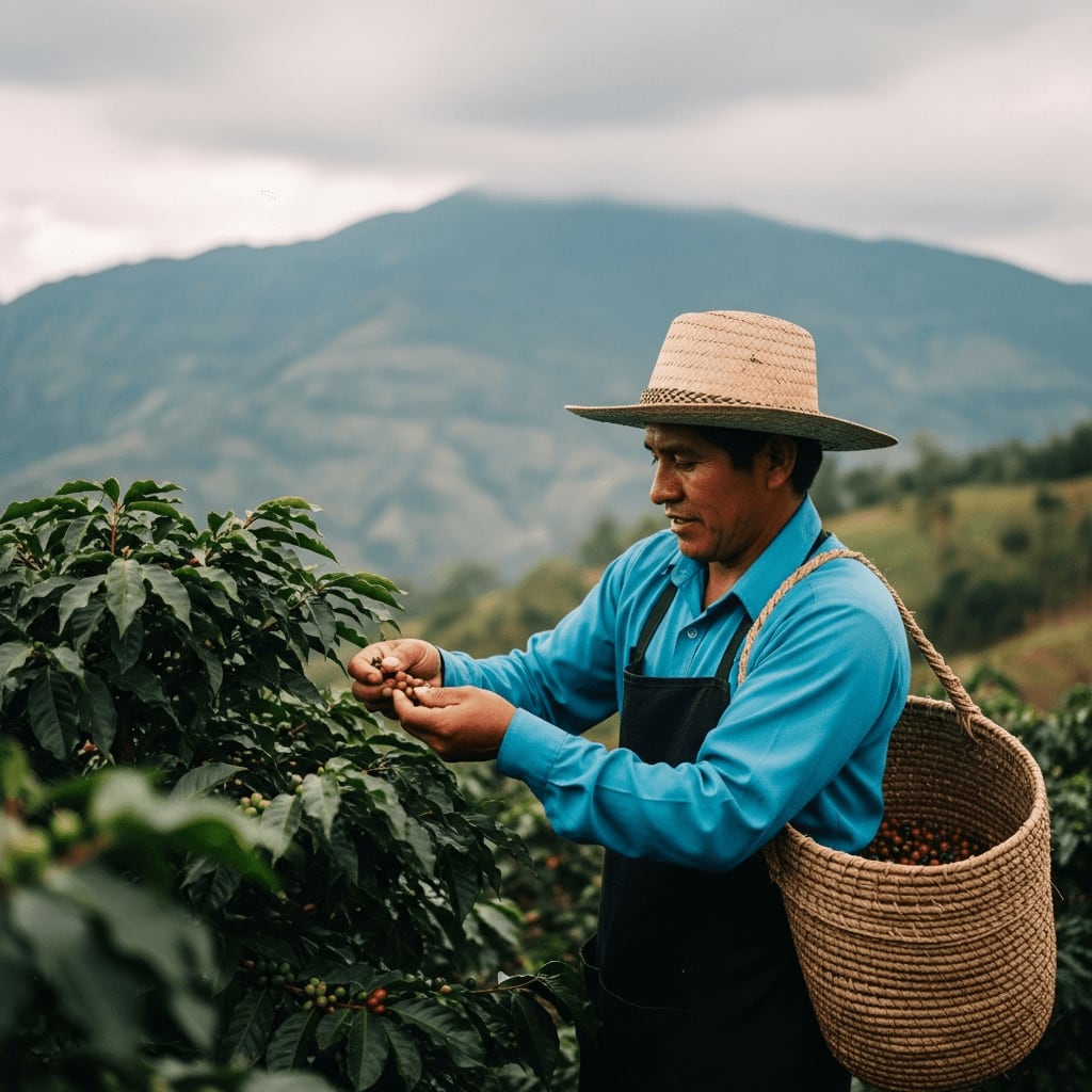 Kaffeebauer in Kolumbien inspiziert frisch gepflückte Kaffeebohnen, Berglandschaft im Hintergrund, traditionelle Anbaumethoden