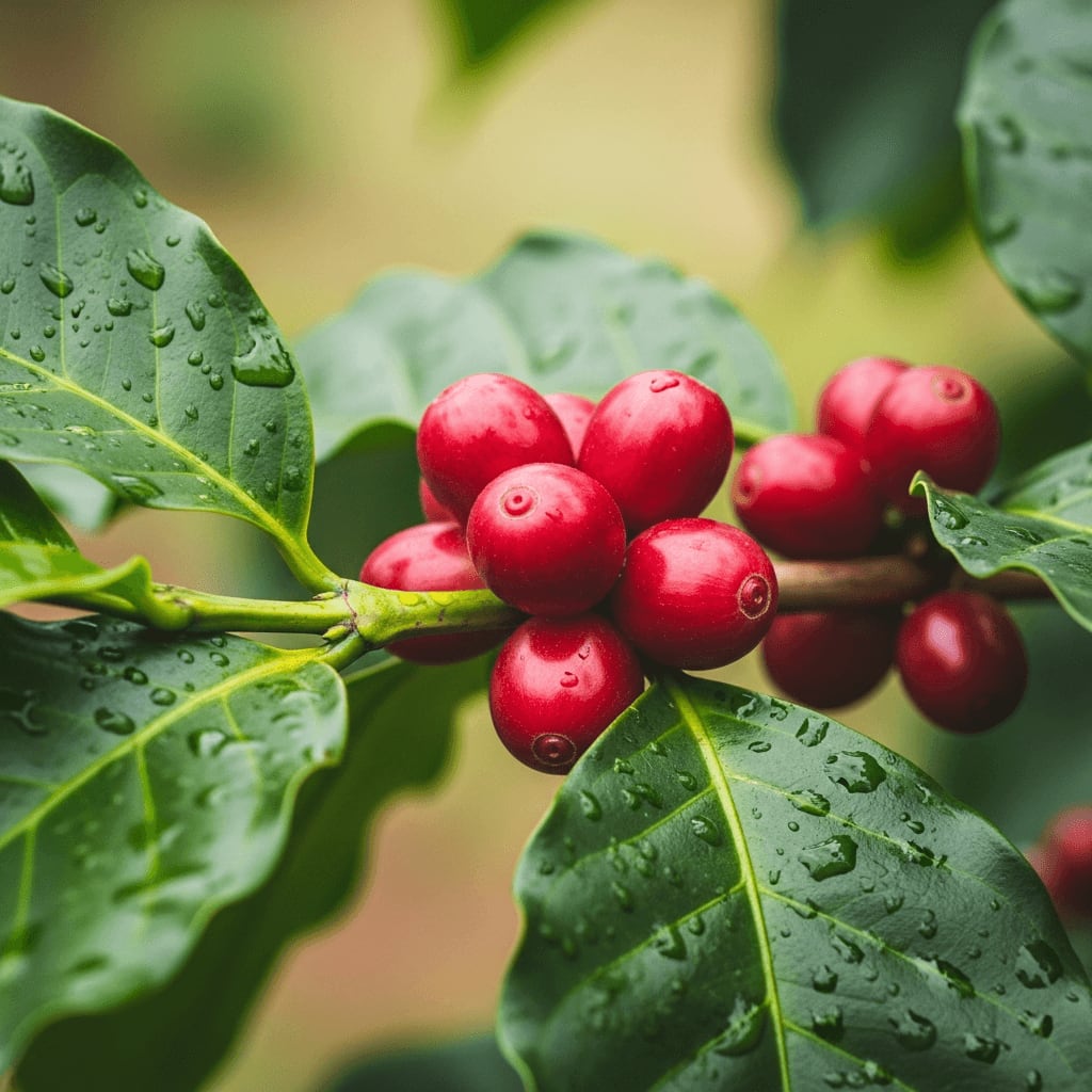 Nahaufnahme von roten Kaffeekirschen, die an einem Zweig in Kenia reifen, leuchtend grüne Blätter, Regenzeit, sattes Rot