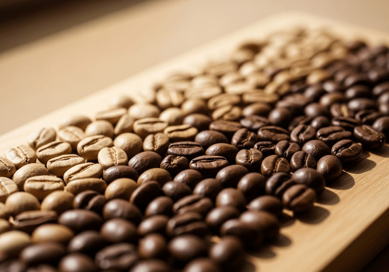 Verschiedene geröstete Kaffeebohnen von hellblond bis dunkelbraun, als Farbverlauf auf einem Holzbrett angeordnet, Makroaufnahme