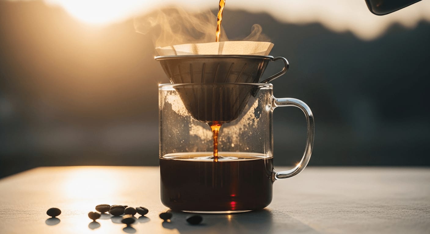 Aromatischer Filterkaffee brüht in einer gläsernen Chemex, die Morgensonne wirft einen warmen Schein, minimalistisches Setup, Kaffeebohnen sind verstreut