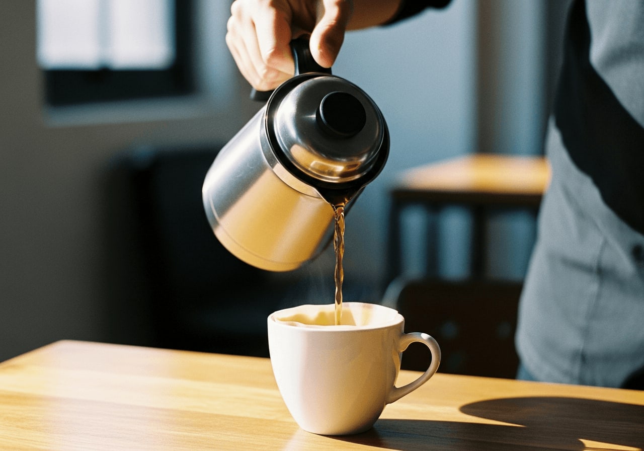 Close-up of a hand pouring filter coffee from a stainless steel thermal carafe into a white ceramic mug, natural light