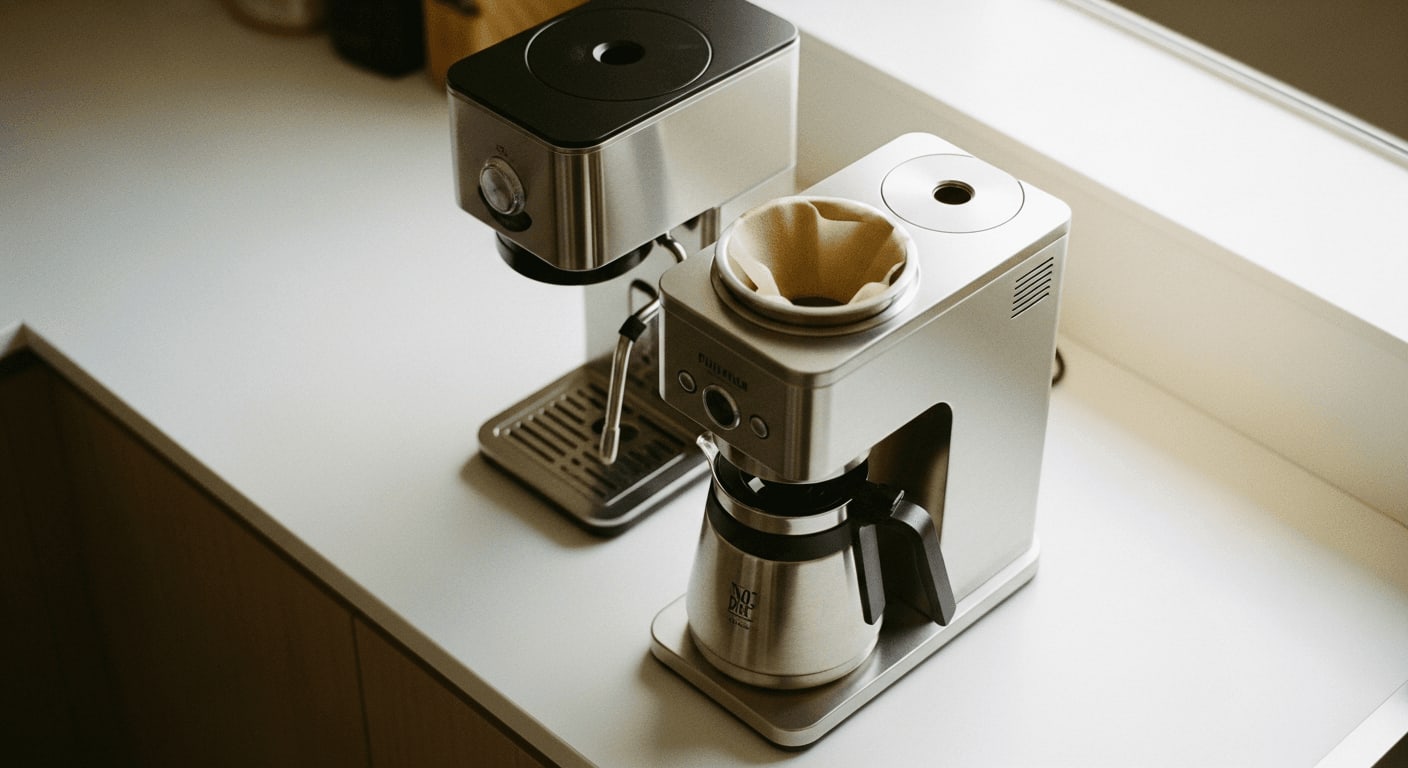 Draufsicht auf eine moderne Edelstahl-Filterkaffeemaschine mit Thermoskanne auf einer minimalistischen Küchentheke, warmes Umgebungslicht