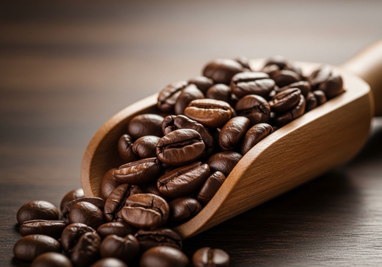 Nahaufnahme von dunkel gerösteten Kaffeebohnen in einem Holzschöpflöffel, bereit zum Mahlen für die French Press.