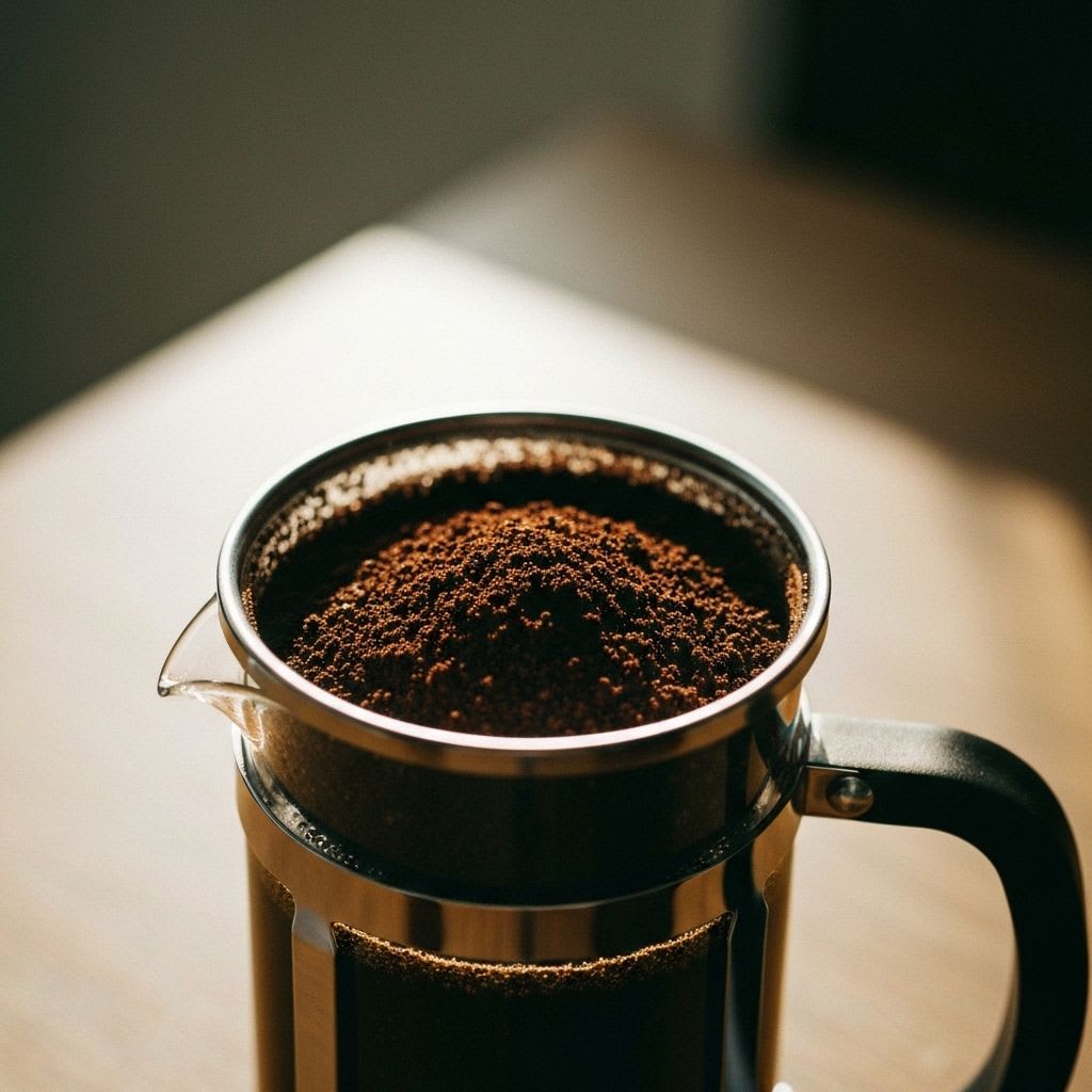 Grob gemahlener Kaffee wird in eine French Press gegeben, Start des Brühprozesses für French Press Einsteiger.