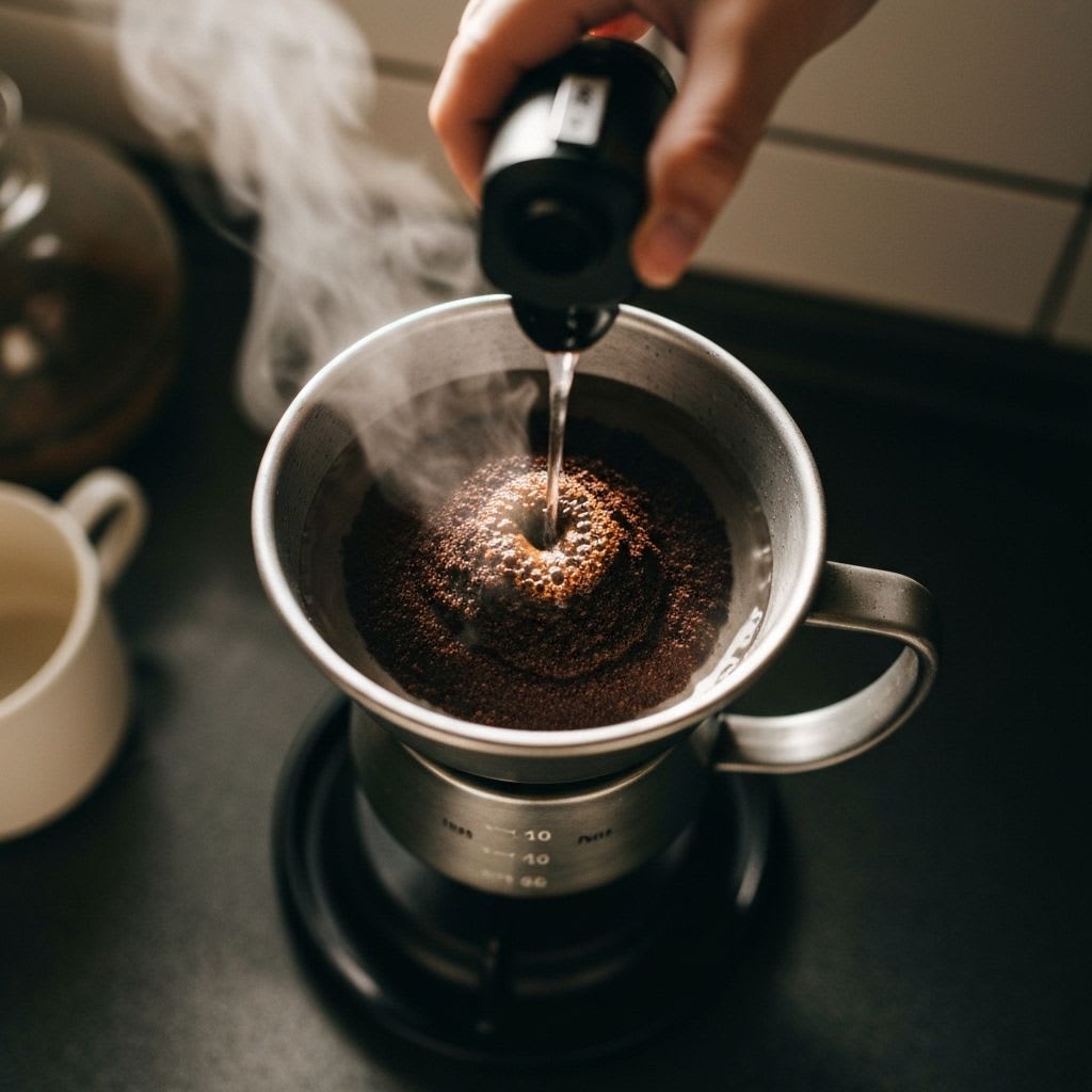 Heißes Wasser wird über gemahlenen Kaffee in der French Press gegossen, ein wichtiger Schritt für French Press Einsteiger.