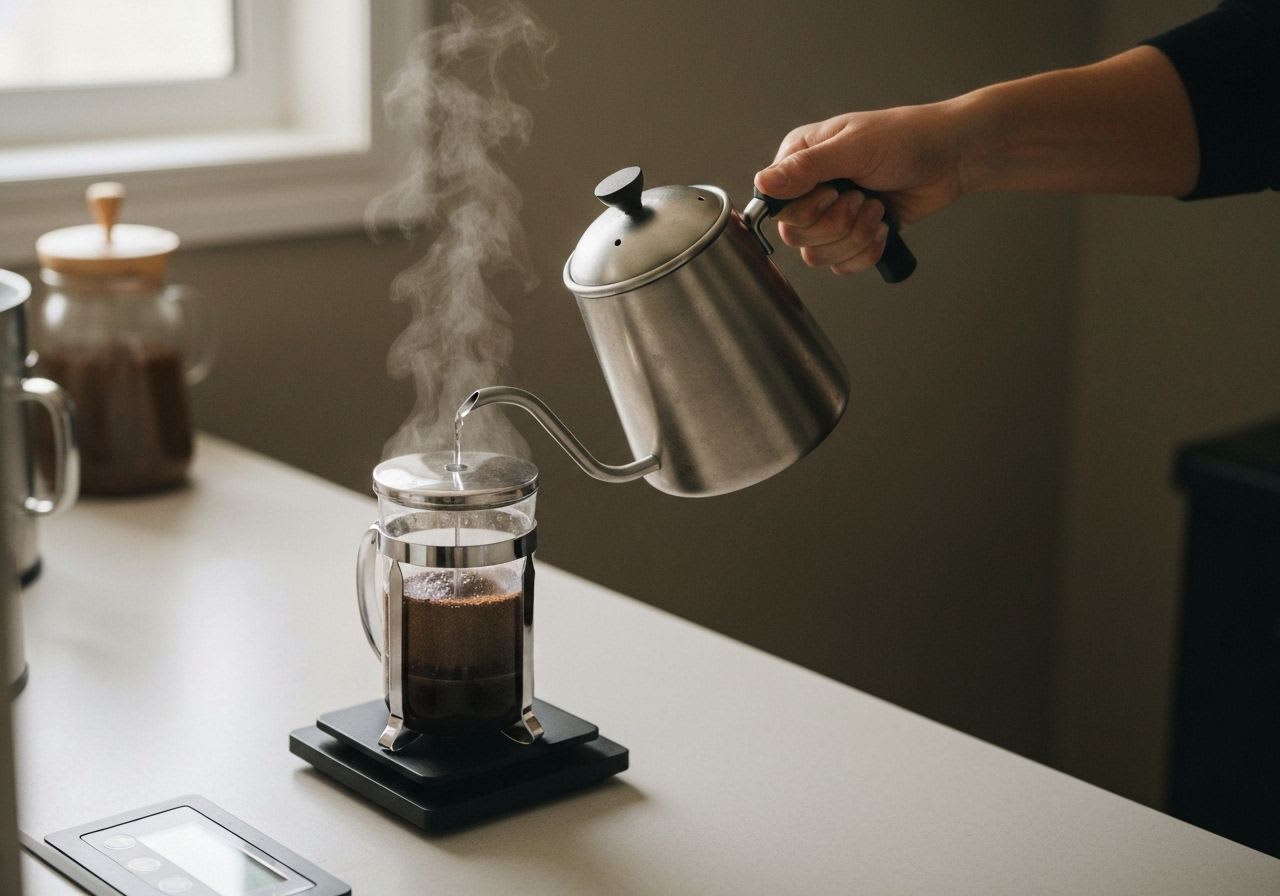 Hände gießen Wasser in French Press; digitale Waage sichert optimales Brühverhältnis für French Press Einsteiger.