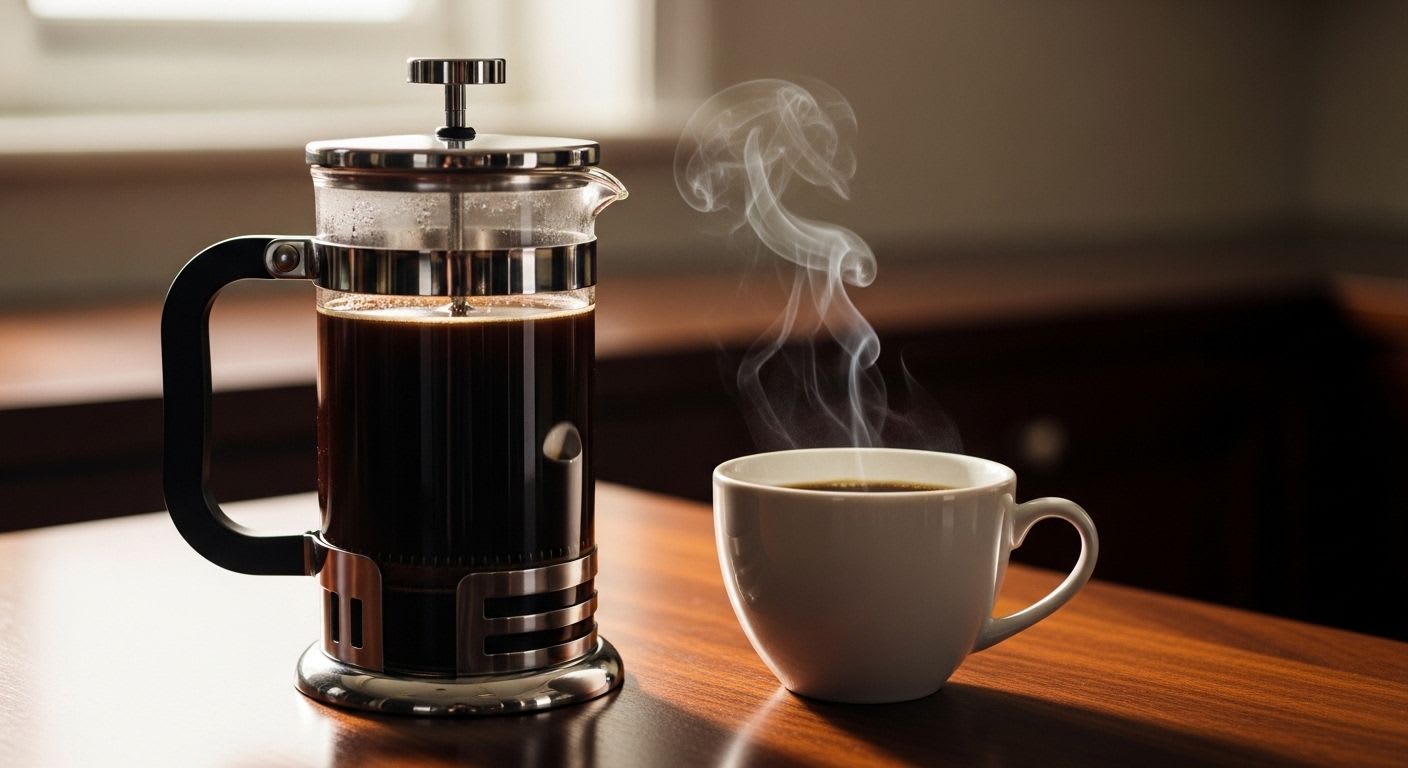 Elegante French Press mit duftendem Kaffee, bereit zum Servieren, für French Press Einsteiger zum Kaffee ohne Bitterstoffe.