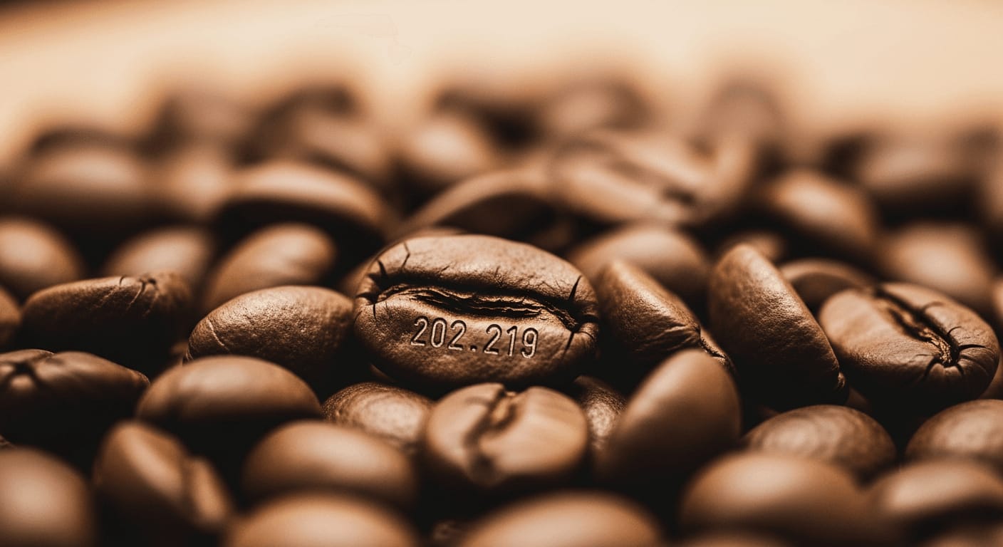 Ein Haufen frisch gerösteter Kaffeebohnen mit sichtbarem Röstdatum, geringe Schärfentiefe, warmes Licht