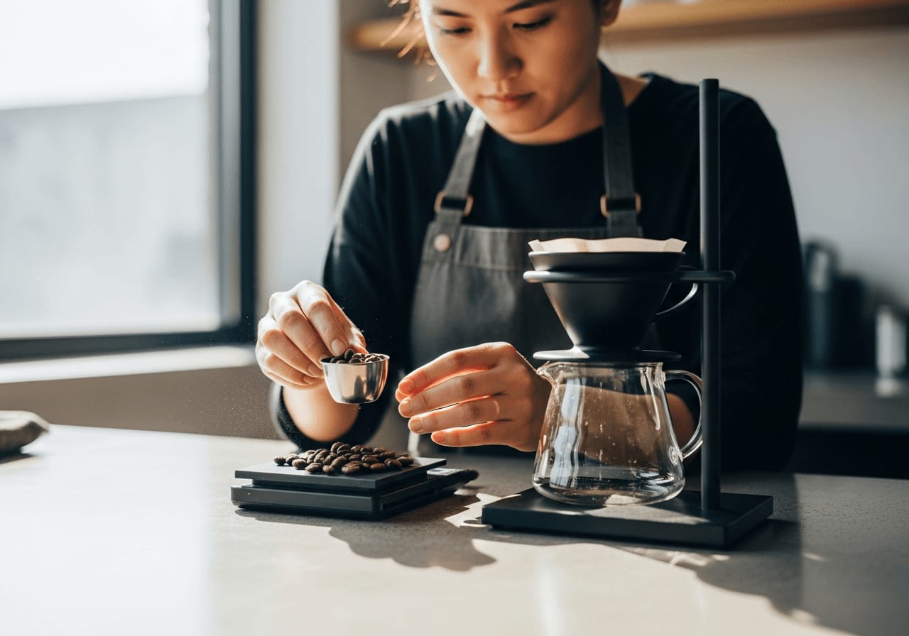 Barista wiegt sorgfältig frisch geröstete Kaffeebohnen für einen Pour-over ab, minimalistische Umgebung, natürliches Licht