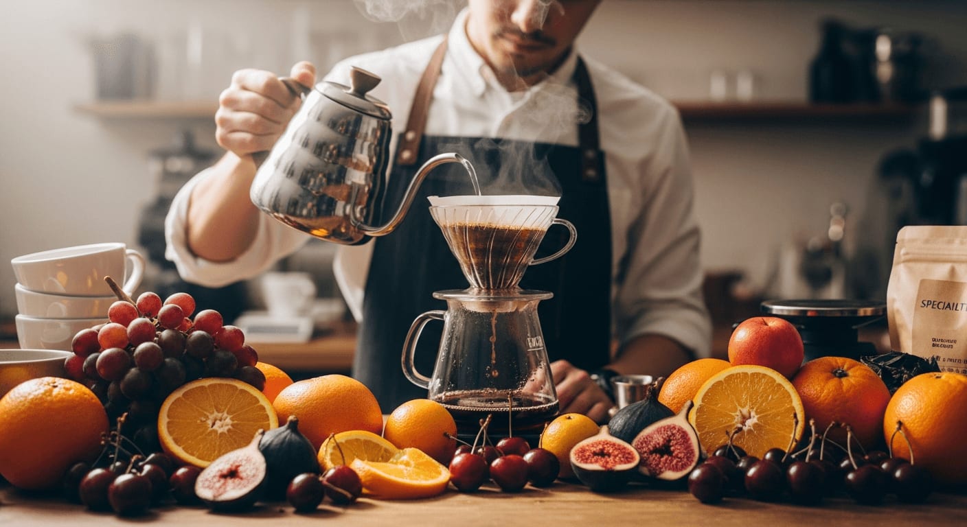 Professioneller Barista gießt vorsichtig heißes Wasser über Kaffeepulver während eines Fruchtfermentationsprozesses, umgeben von verschiedenen Früchten, weiche Beleuchtung, Tiefenschärfe