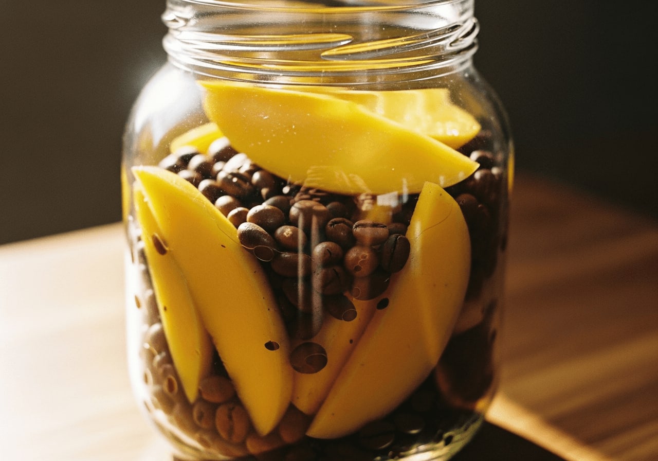 Nahaufnahme von Kaffeebohnen, die in einem Glas mit geschnittenen Mangos fermentieren, natürliches Sonnenlicht, geringe Schärfentiefe
