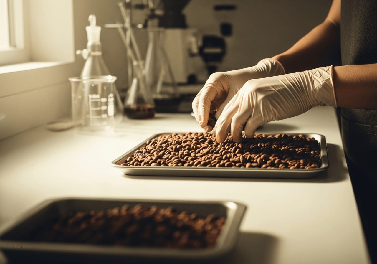Barista untersucht sorgfältig Kaffeebohnen während des Fermentationsprozesses und trägt dabei Handschuhe, Laborumgebung