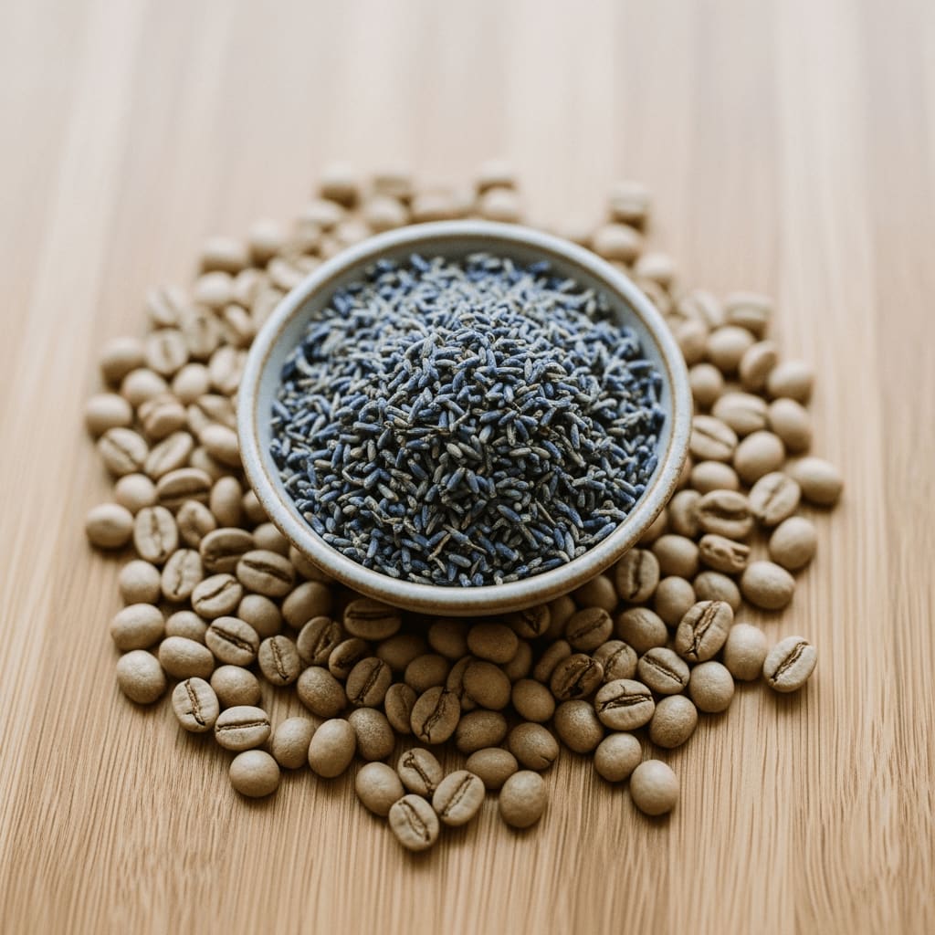 Helle Kaffeeröstung und getrocknete Lavendelblüten für blumige und frühlingshafte Kaffeegetränke.