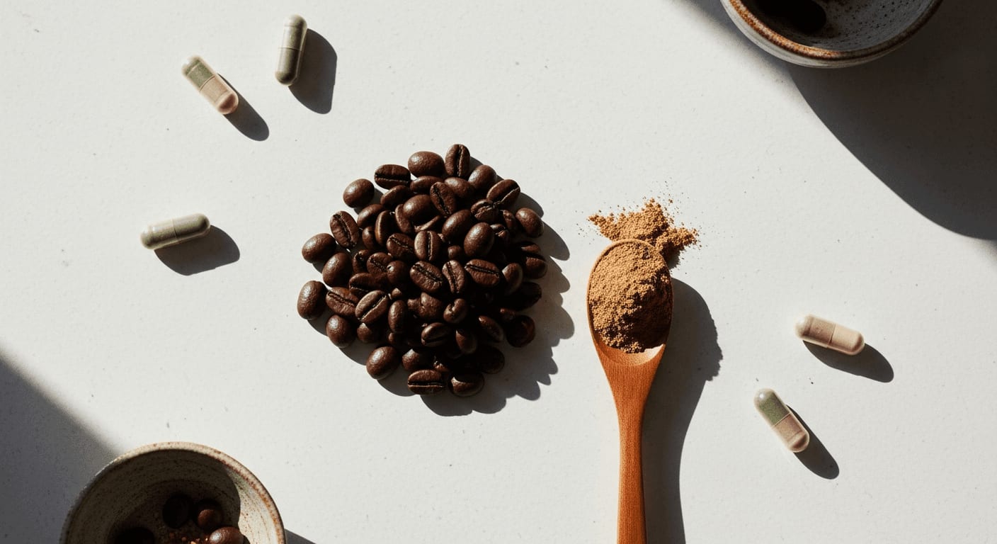 Draufsicht auf Zutaten für Functional Coffee, darunter Kaffeebohnen, Pilzpulver und Adaptogen-Kapseln, flache Anordnung, helles natürliches Licht