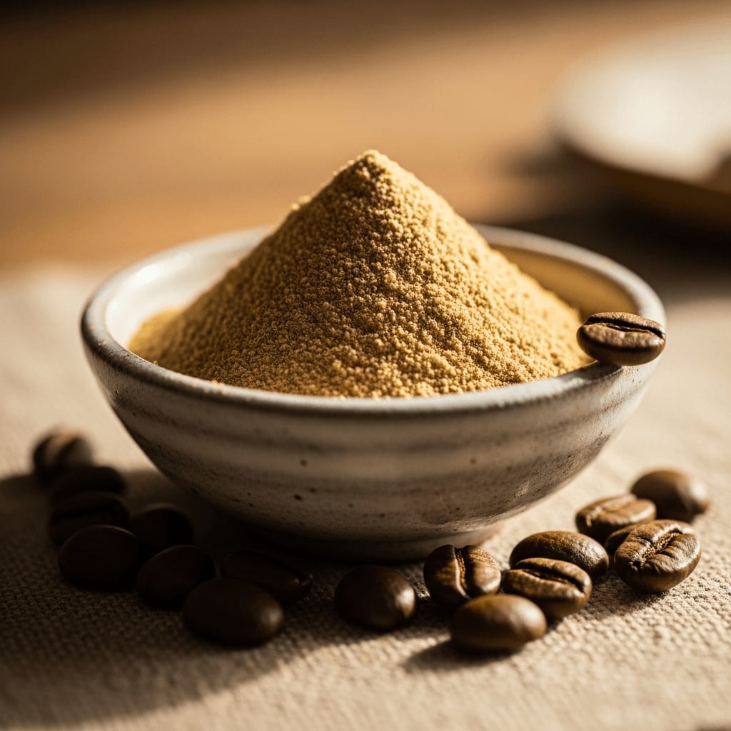 Nahaufnahme von Ashwagandha-Pulver in einer kleinen Keramikschale, Kaffeebohnen verstreut, weiches natürliches Licht