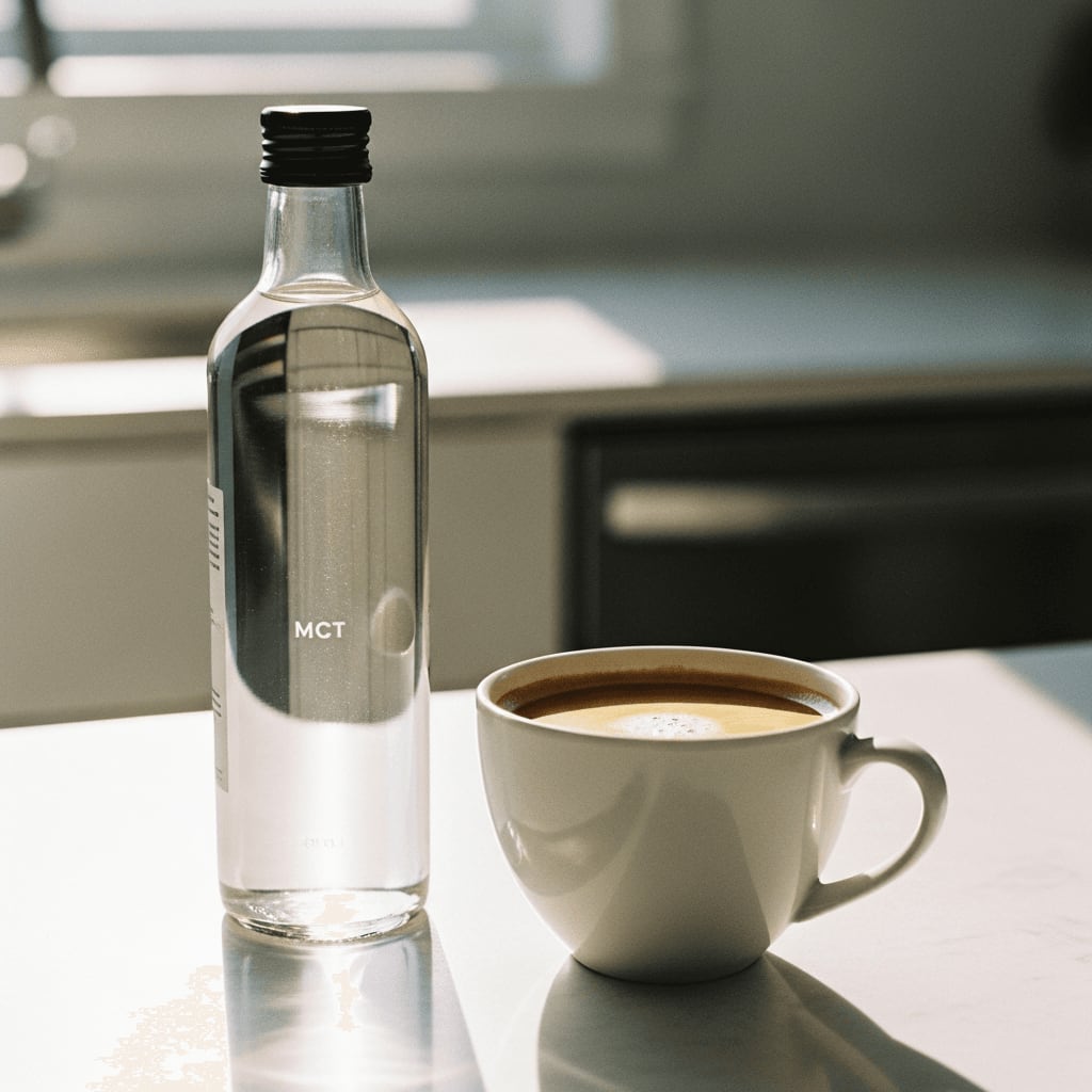 Flasche MCT-Öl neben einer Tasse Kaffee, minimalistische Küchentheke, helles Morgenlicht