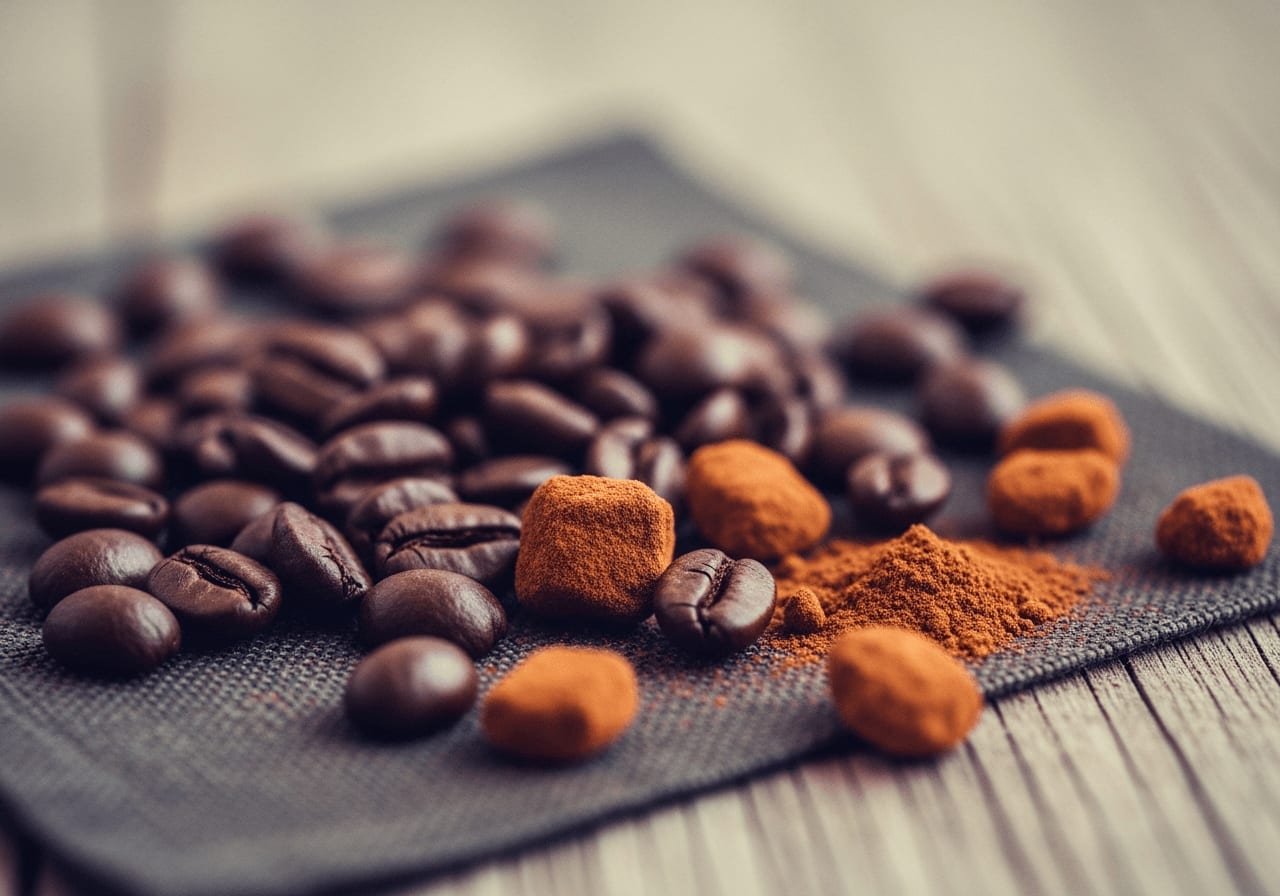 Kaffeebohnen und Reishi-Pilzpulver