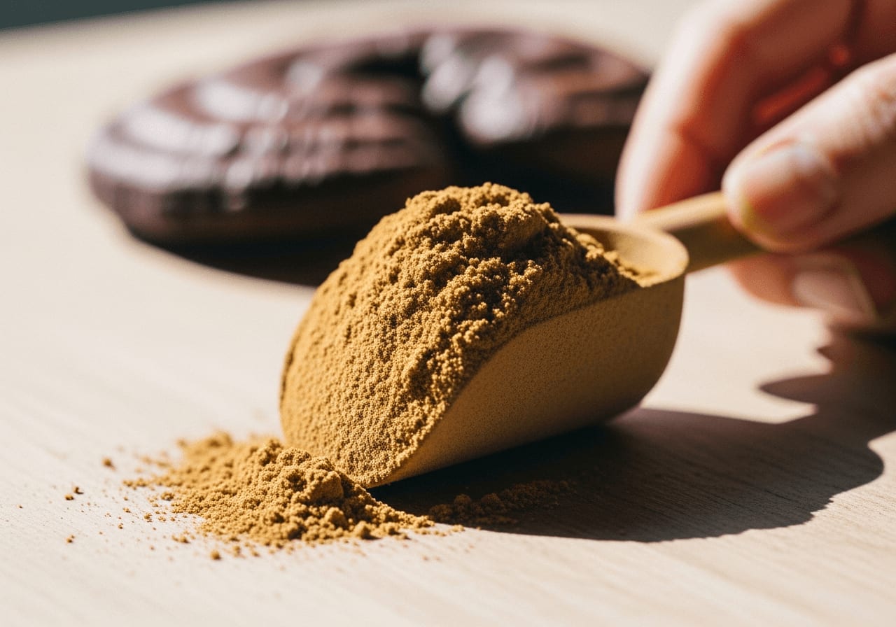 Scoop of reishi mushroom powder, macro shot