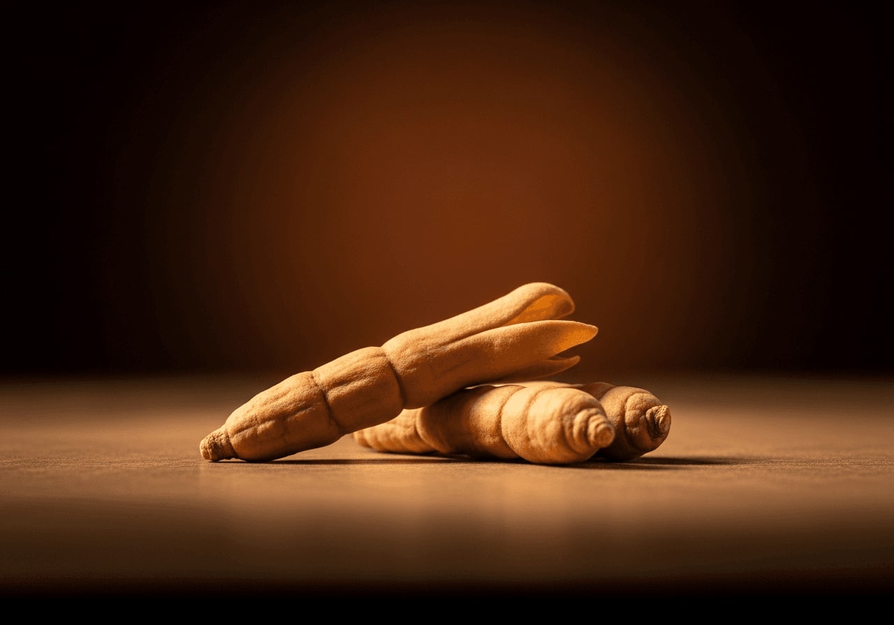 Close-up of ashwagandha root, earthy tones, studio lighting