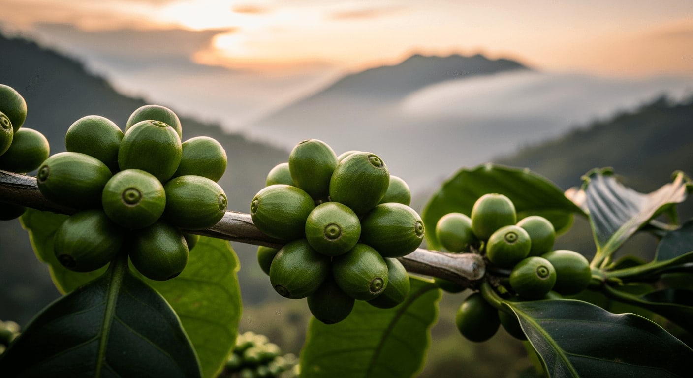 A close-up of vibrant green coffee beans on a branch in the Ethiopian highlands, misty mountain backdrop, golden hour lighting