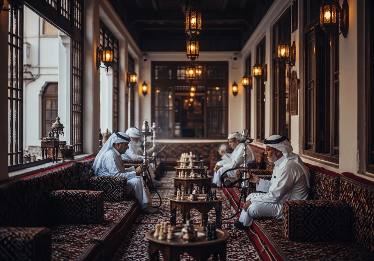 Interior of a traditional Arabian coffee house, men sitting on cushions, smoking hookahs, playing chess, warm ambient lighting