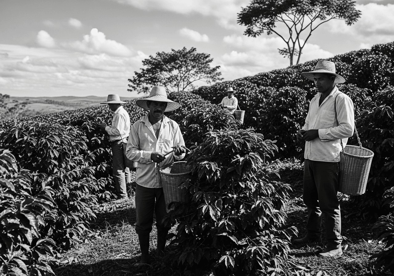 Black and white photograph of coffee plantation workers in Brazil in the early 20th century, hard labor, sun-drenched fields