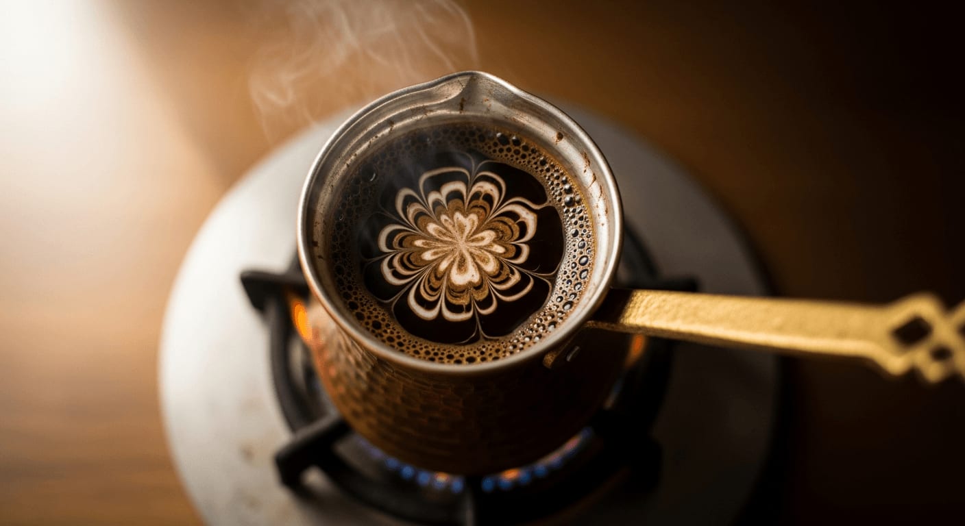 Gesamtansicht einer Kupfer-Cezve mit türkischem Kaffee, der über einer niedrigen Flamme brüht, wobei die Schaumbildung und die traditionelle Methode hervorgehoben werden.