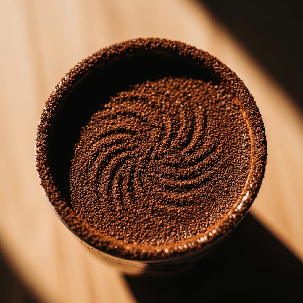 Nahaufnahme von komplizierten Mustern, die durch Kaffeesatz am Boden einer türkischen Kaffeetasse nach dem Trinken entstanden sind, beleuchtet von weichem, natürlichem Licht.