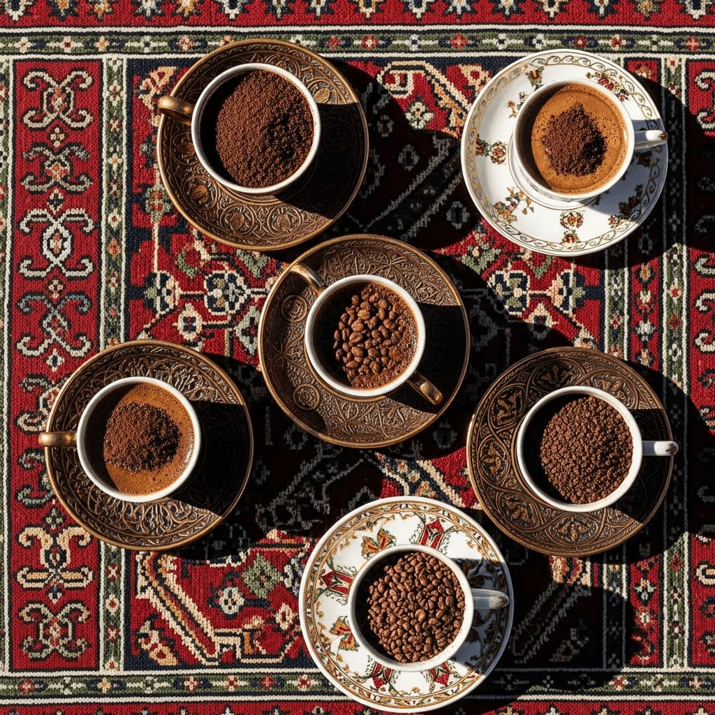 Draufsicht auf verschiedene türkische Kaffeetassen mit unterschiedlichen Kaffeesatzformationen, die auf einem dekorativen türkischen Teppich ausgelegt sind und die Vielfalt der Muster zeigen.